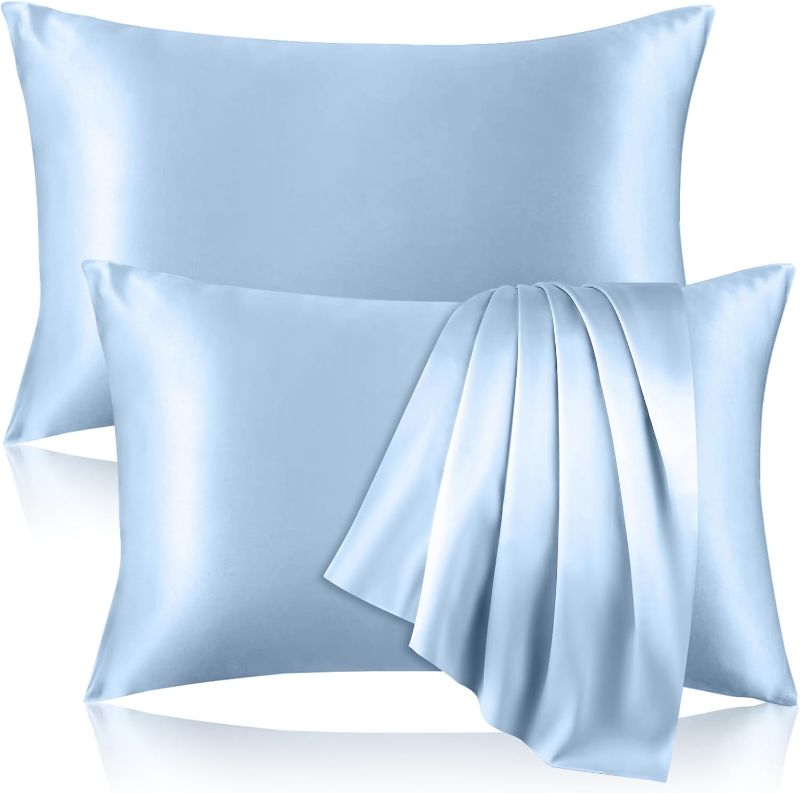 Photo 1 of 2 Pack 100% Pure Silk Pillowcase for Hair and Skin, Both Sides Mulberry Silk Pillowcases with Hidden Zipper, Cooling Pillowcase 19 Momme, 600 Thread Silk Pillow Cases Standard Size, Light Blue