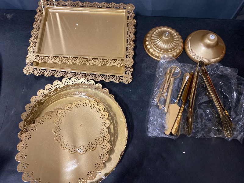 Photo 1 of Gold Cake Stands Set Metal Dessert Display Table Cake Pedestal Tiered Cupcake Holder Donut Plate Serving Tray Decorating for Wedding Birthday Party Baby Shower Celebration