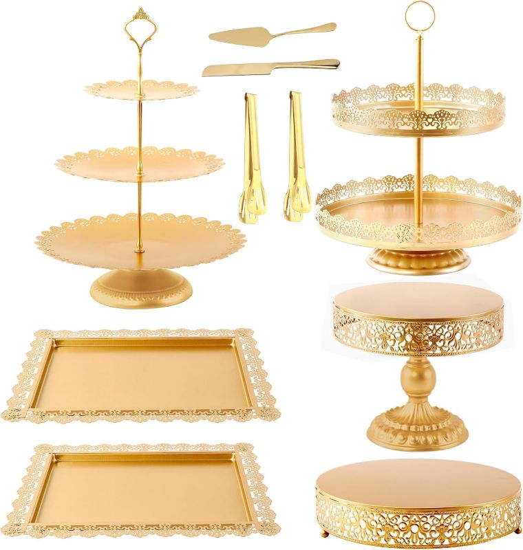 Photo 1 of Gold Cake Stands Set Metal Dessert Display Table Cake Pedestal Tiered Cupcake Holder Donut Plate Serving Tray Decorating for Wedding Birthday Party Baby Shower Celebration