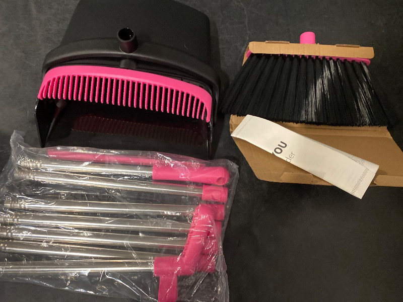 Photo 1 of Broom with Dustpan Combo Set, Long Handle Lightweight Indoor Broom Set, Upright Standing Dust Pan with Comb Teeth Store Sweep Set for Home Room Kitchen Office Lobby (Rose Red)