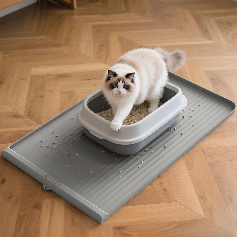 Photo 1 of Cat Litter Mat 36x24 Inch, Silicone Litter Box Mat with Raised Edge and Diversion Groove, Waterproof Litter Trapping Mat, Easy to Clean Cat Mat for Litter Box, Grey