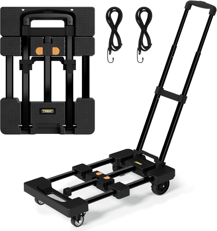 Photo 1 of Folding Hand Truck 500 LB, Portable Heavy Duty Dolly Cart with 4 Wheels (2 with Brake) & Extendable 26" Plate, Collapsible Luggage Trolley with 2 Elastic Straps for Travel, Moving, Camping