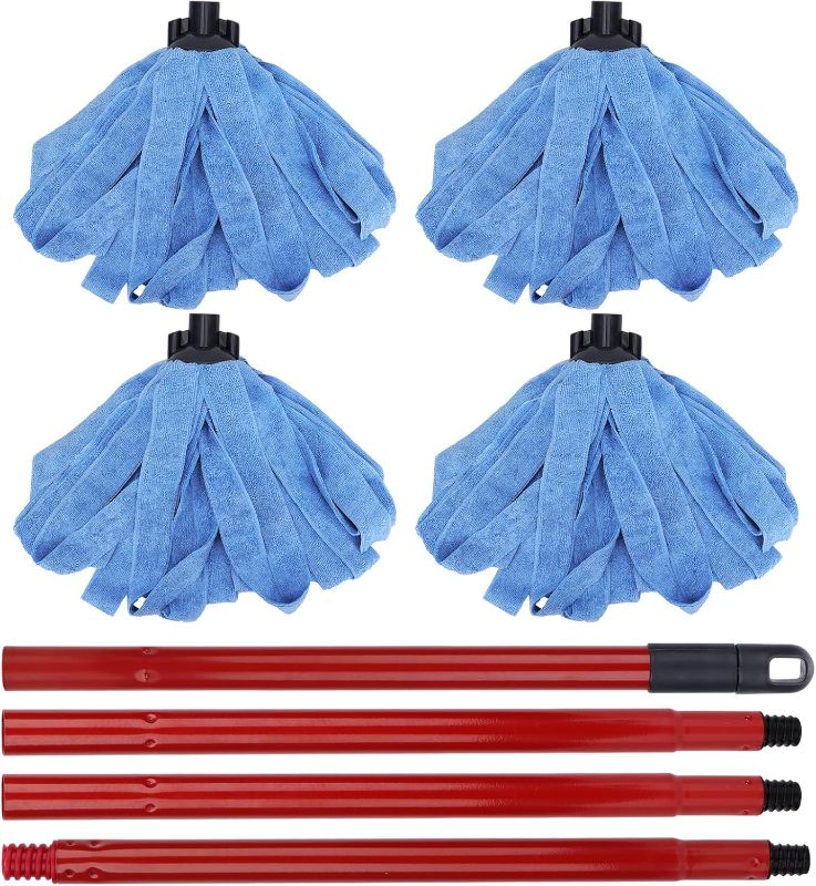 Photo 1 of  Microfiber Mop Cloth Heads Replacements: One Mop Handle with Four Blue Microfiber Cloth Mop Heads Compatible with All Standard US Threading Pole Mop Handle