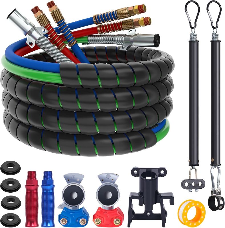 Photo 1 of 15FT Semi Truck Air Line Kit with Gladhand Holder and Springs Kit Red & Blue Air Brake Hoses and 7 Way Trailer Cord 3-in-1 Air Lines Set for Semi Truck Trailer Tractor
