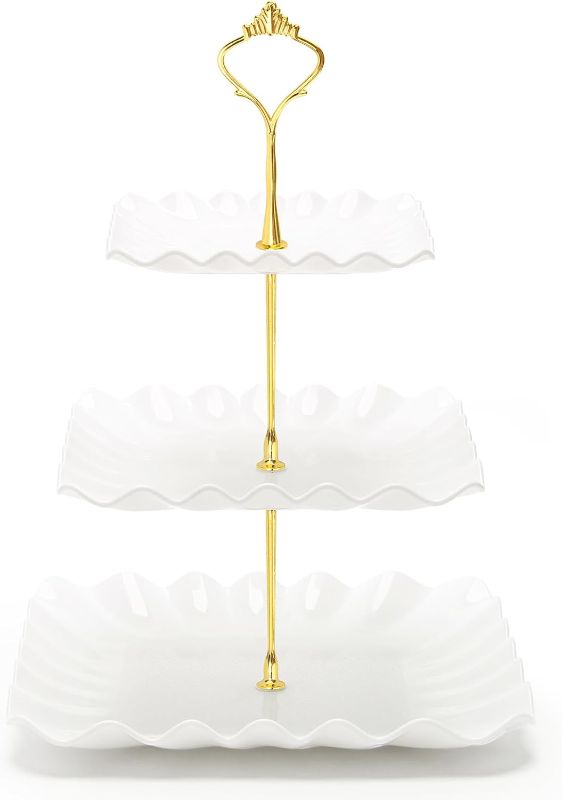 Photo 1 of 3 Tier Cupcake Stand, Plastic Tiered Serving Stand, Square Dessert Tray for Tea Party, Baby Shower and Wedding (Pure White)