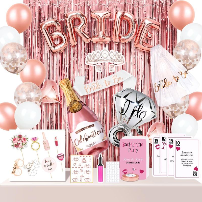 Photo 1 of Bachelorette Party Decorations, Bride to Be Sash, Veil, Rhinestone Tiara, Dare Cards, Photo Booth Props, Foil Curtains, Tattoos, Rose Gold Bridal Shower Party Supplies Decor