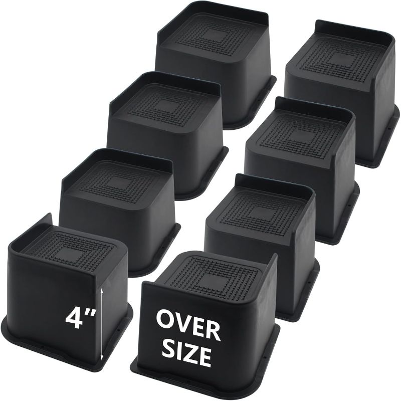 Photo 1 of 8 Pack Bed Risers 4 inch Heavy Duty, Oversized Furniture Risers, Black Bed Lifts Risers for Table, Sofa, Chair, Couch, Desk, Bed Frame Risers Supports Up to 5,000 Lbs