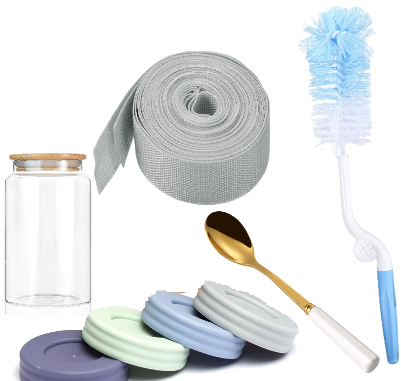 Photo 1 of 5 Item Mixed Lots Bundle | 2 Cup Lids, 1 Straw, 1 Toilet Brush, 1 Spoon, 42 OZ Glass Canister, Lightweight Polypropylene Webbing Strap