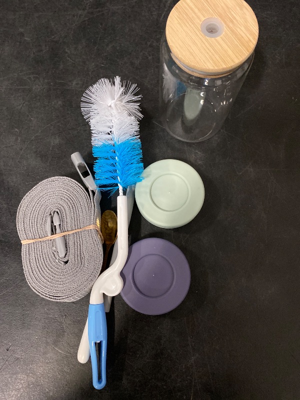 Photo 1 of 5 Item Mixed Lots Bundle | 2 Cup Lids, 1 Straw, 1 Toilet Brush, 1 Spoon, 42 OZ Glass Canister, Lightweight Polypropylene Webbing Strap