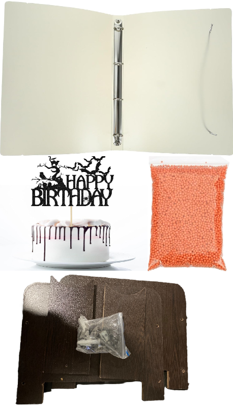 Photo 1 of 4 Item Mixed Lots Bundle | Halloween Happy Birthday Cake Topper, Foam Beads 2-3mm Foam Balls, Clear Binder Binder Clips File Folder, Wood Shelf