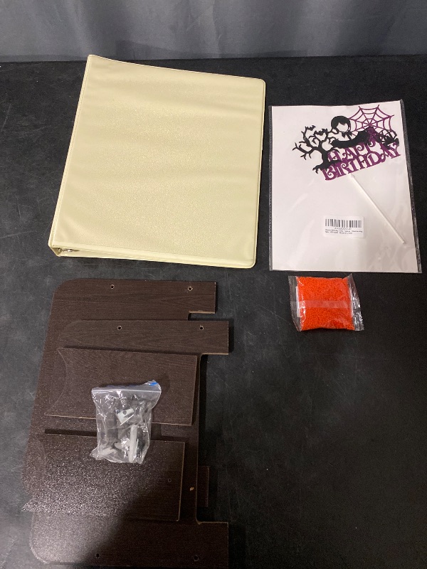 Photo 1 of 4 Item Mixed Lots Bundle | Halloween Happy Birthday Cake Topper, Foam Beads 2-3mm Foam Balls, Clear Binder Binder Clips File Folder, Wood Shelf