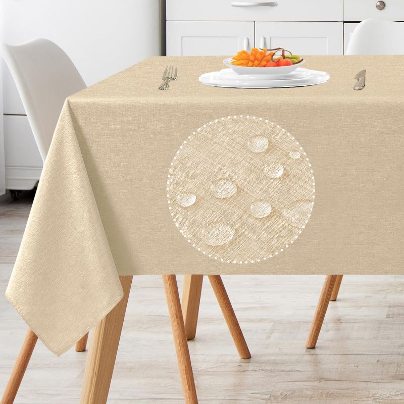 Photo 1 of 52 x 70 Linen Textured Rectangle Tablecloth, Waterproof & Stain Resistant Fabric Table Cloth, Wrinkle Free Linen Dining Decorative Farmhouse Table Cover for Dining/Buffet/Wedding, Beige