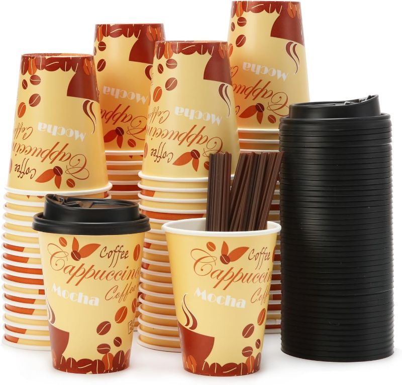 Photo 1 of 100 PACK 12OZ Disposable Cups with Lids and Stirrers, To Go Coffee Cups with Lids Leak Proof, Coffee Design Brown Paper Cups for Cold/Hot Beverage Chocolate Cocoa