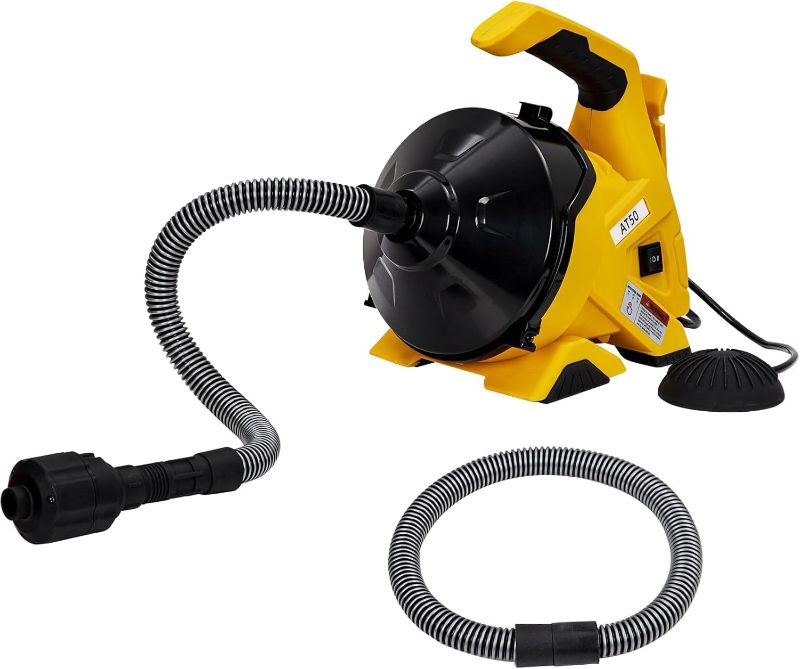 Photo 1 of Electric Drain Cleaner Machine 30Ft - Auto-feed with foot switch and directional rocker, efficient for 3/4-2in pipes, 30ft anti-twist piano wire cable, lightweight closed drum, dual hoses
