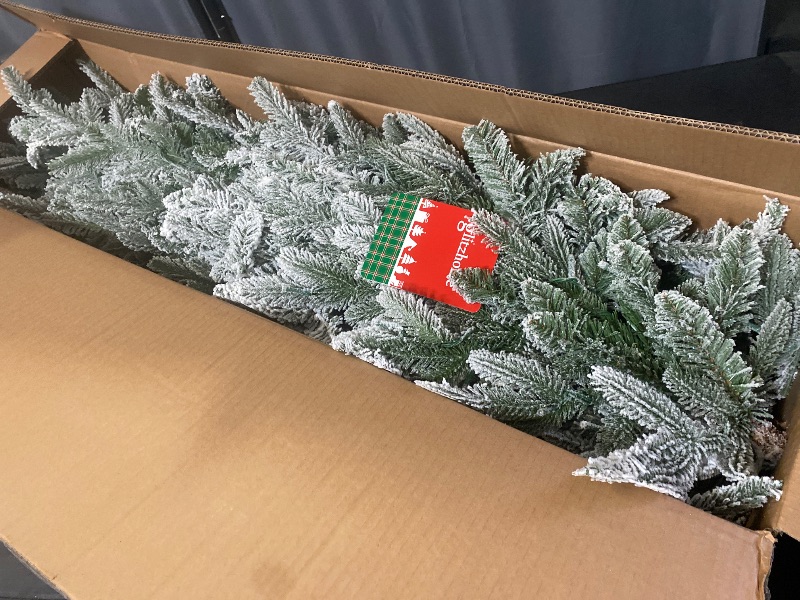 Photo 1 of 7.5ft Artificial Christmas Tree, Pre-Lit Flocked Pencil Christmas Tree Chicago Frostwood Spruce with 350 Warm White Lights Home, Office, Holiday Decoration