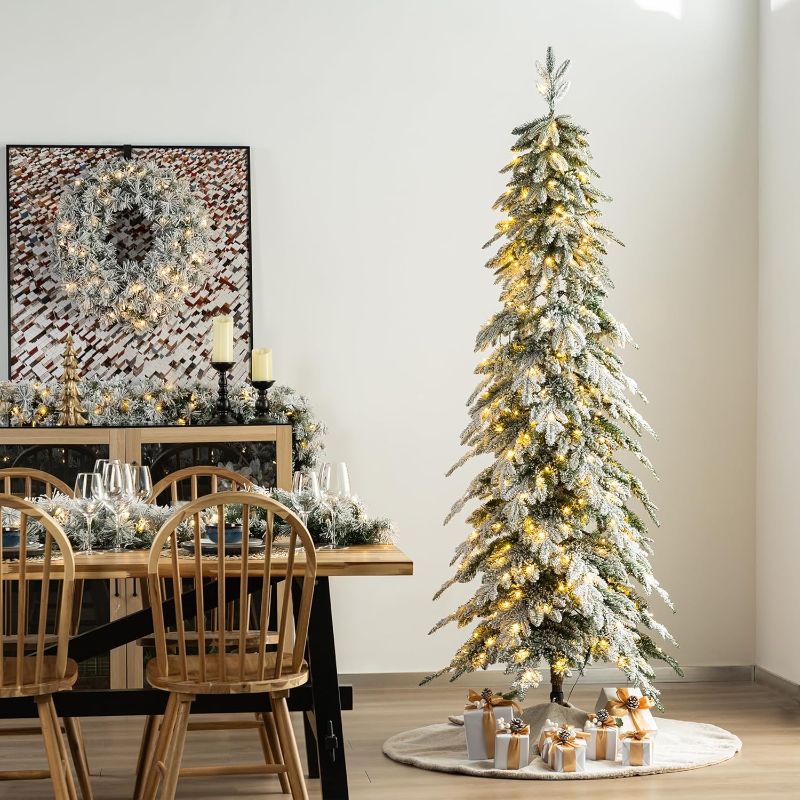 Photo 1 of 7.5ft Artificial Christmas Tree, Pre-Lit Flocked Pencil Christmas Tree Chicago Frostwood Spruce with 350 Warm White Lights Home, Office, Holiday Decoration