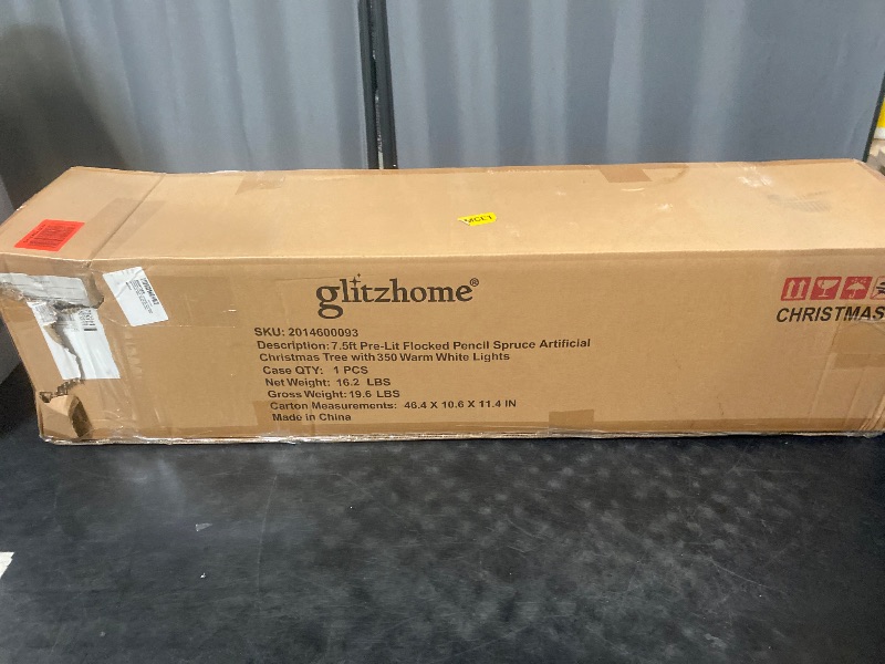 Photo 1 of 7.5ft Artificial Christmas Tree, Pre-Lit Flocked Pencil Christmas Tree Chicago Frostwood Spruce with 350 Warm White Lights Home, Office, Holiday Decoration