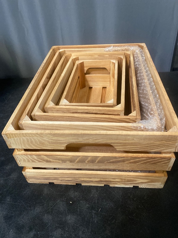 Photo 1 of 5 Pcs Decorative Nesting Wooden Crates for Storage Display 5 Size Large Small Rustic Wood Decorative Storage Crates with Handle Farmhouse Crate Box Container Made from Pine(Classic Color)