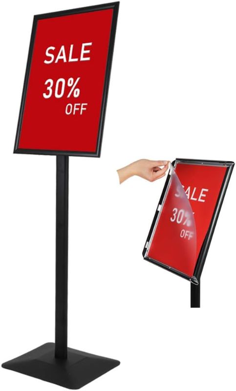 Photo 1 of DISPLAYSWORKER Adjustable Heavy Duty Pedestal Sign holder floor Stand,sign stand poster stand Aluminum Snap Open Frame,Standing Floor for 8.5x 11 inch,Vertical/Horizontal View,Black