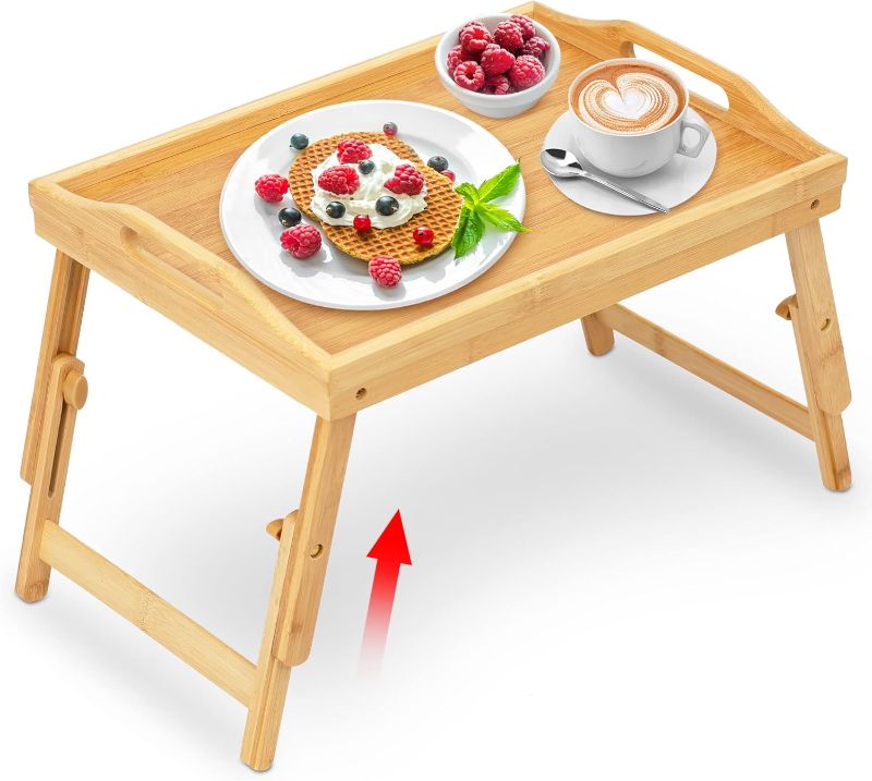 Photo 1 of Breakfast Bed Tray for Eating - Raised Food Table Up to 9.5" on Lap Sofa - Adjustable Bamboo Serving Tray - Portable Snack Platter with Folding Legs Ideal for Bedroom Picnic