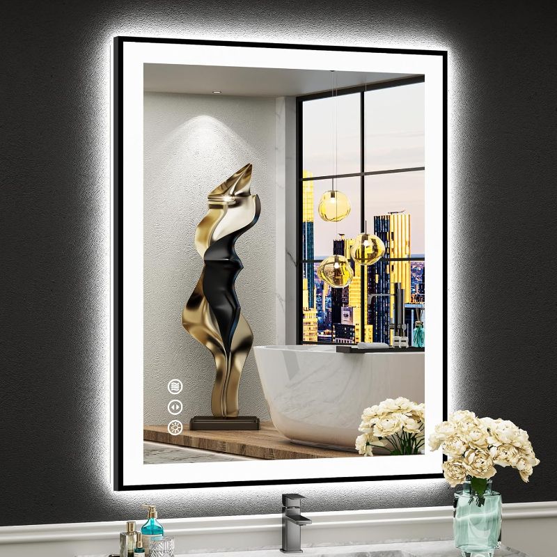 Photo 1 of 28x36 Black Framed LED Bathroom Mirror with Lights, Backlit + Front Lit, Anti-Fog Lighted Vanity Mirror for Bathroom Wall with 3 Colors, Dimmable, Memory, Tempered Glass, Horizontal/Vertical