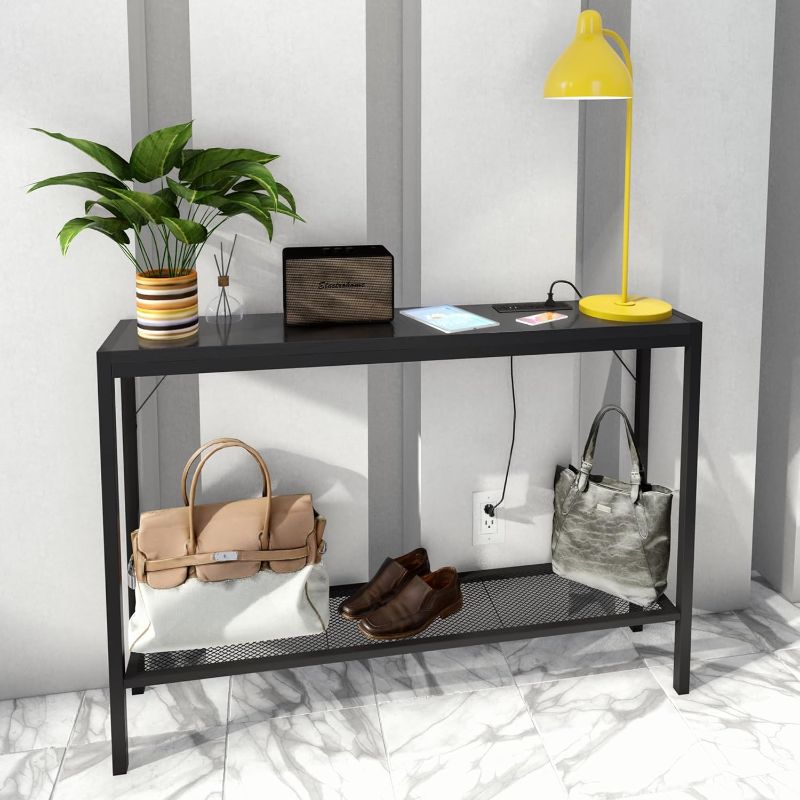 Photo 1 of Entryway Table with Power Outlet, 43" Farmhouse Industrial Narrow Console Table with Storage Shelf, 2 USB and 2 Sockets Sofa Table for Entrance, Living Room and Hallway with 4.9 Power Cord, Ebony