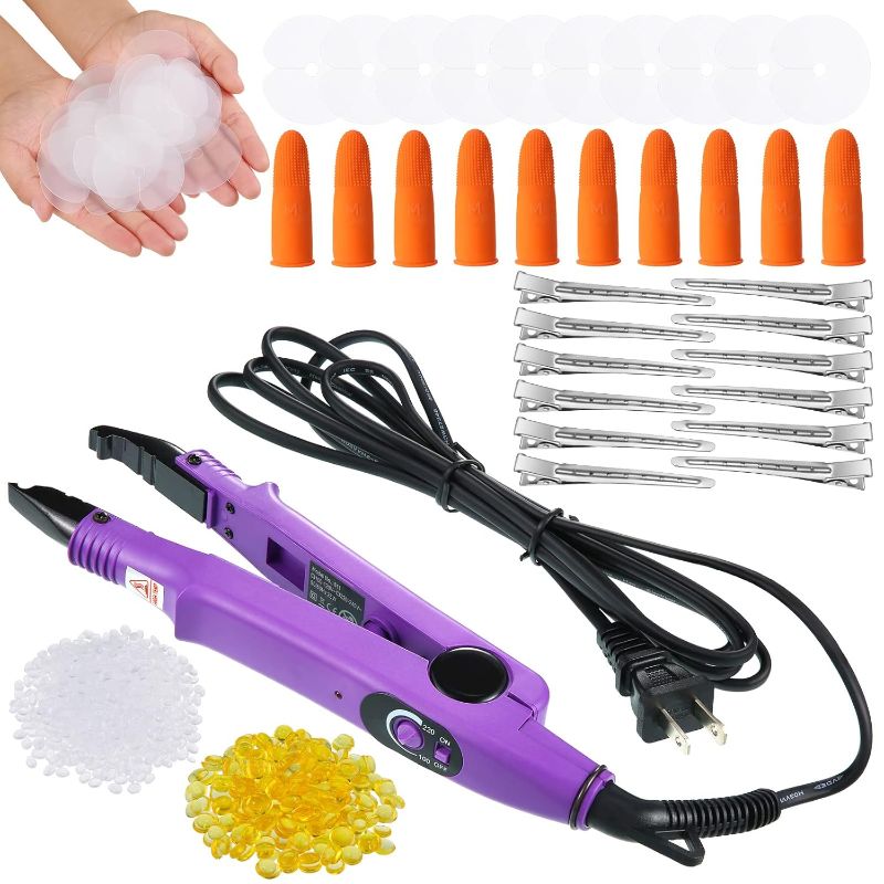 Photo 1 of Hair Extensions Iron Fusion Keratin Hair Extensions Heat Tool Heat Connector Wand with Fusion Glue Protector Template Hair Clip Finger Protector 2 Bag Keratin Glue Granule Bead(Purple)