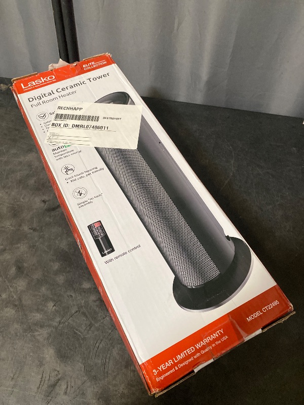 Photo 1 of 1500W 22 in. Black Indoor Electric Tower Ceramic Forced Air Ceramic Space Heater with Child Lock, 3-Speeds, and Remote