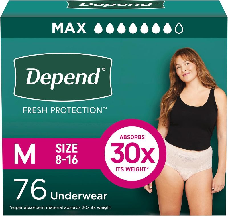 Photo 1 of Depend Fresh Protection Adult Diapers, Incontinence & Postpartum Bladder Leak Underwear for Women, Disposable, Maximum, Medium, Blush, 76 Count (2 Packs of 38), Packaging May Vary