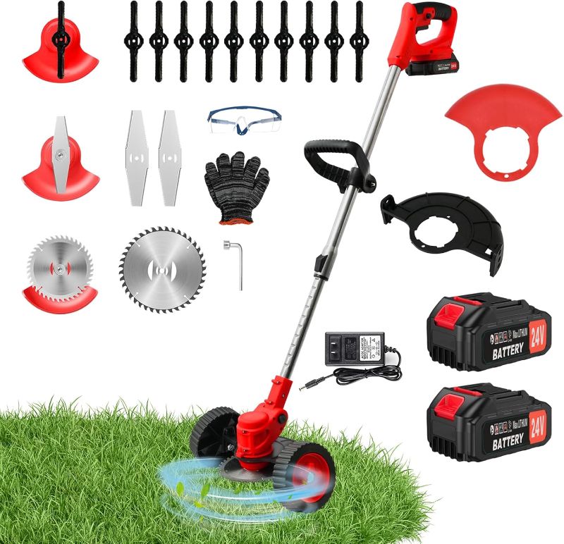 Photo 1 of ALSO GO 24V Electric Weed Wacker, Cordless Grass Trimmer, 3 in 1 Grass Trimmer with 2pcs Batteries & Charger, Battery Powered Weed Eater/Brush Cutter/Edger with Wheels for Garden and Yard Lawn