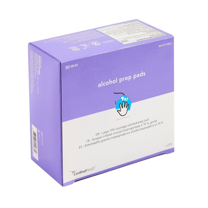 Photo 1 of Cardinal Health MW-APL Individually Packaged 70% Isopropyl Alcohol Prep Pad - 9 x 4.5 cm - Non-Woven Pad - Topical Antiseptic - Prepare Skin for Injections - 2 Ply - Large - 1 Box of 200 Each