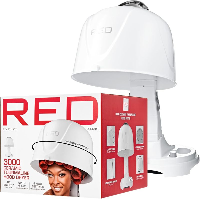 Photo 1 of Red by Kiss 3000 Ceramic Tourmaline Professional Hood Dryer, 4 Heat Settings Blow Dryer for Home & Salon, Height Adjustable Convenient Big Hood Size Extra Coverage (1875 Wattage)