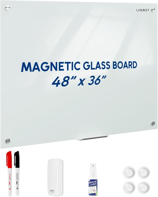 Photo 1 of Loukin Glass Whiteboard for Wall, Magnetic Dry Erase Glass Board, Framless Surface White Board for Office, School, Dry Erase Whiteboard Set Includes Cleaner & Eraser & Marker (36" x 48")