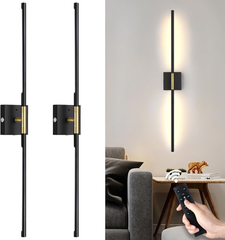 Photo 1 of Battery Operated Wall Sconces Set of 2, Dimmable Battery Wall Sconce with Remote Control, Black Gold LED Rechargeable Sconces, 36 Inch Modern Wireless Wall Lights for Bedroom, Living Room
