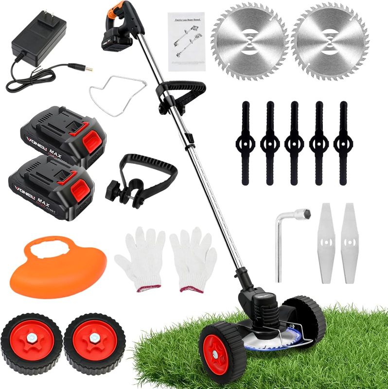 Photo 1 of ALSO GO 21V Electric Weed Eater with Wheels,Cordless Battery Weed Wacker with Charger, 3 in 1 Brush Cutter/String Trimmer/Grass Trimmer/Lawn Mower,Edger for Garden and Yard Lawn,2 Batteries Include