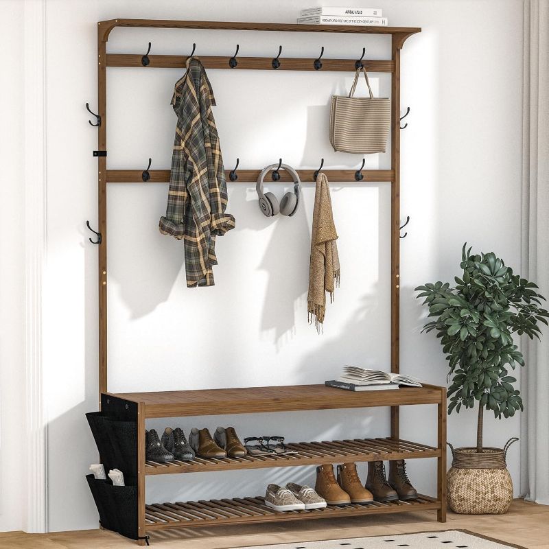 Photo 1 of AMBIRD 6-in-1 Bamboo Hall Tree with Shoe Storage, Entryway Organizer Shoe Bench with 16 Coat Hooks and Cloth Bag, Sturdy Bamboo Storage Bench, 46 * 15 * 70 inches Brown