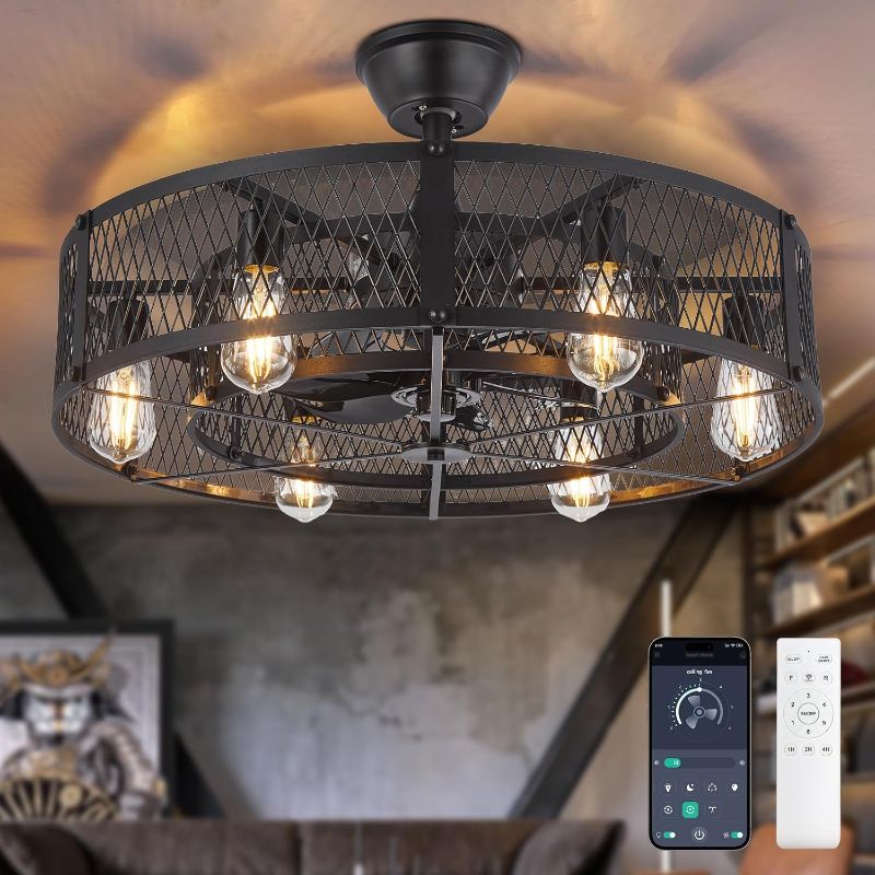 Photo 1 of Depuley Outdoor Ceiling Fan with Light: 26" Caged Ceiling Fans with Remote App Control for Patio Kitchen Bedroom - Farmhouse Fandelier Flush Mount Lights Fixture Reversible 6 Speed Timer Black