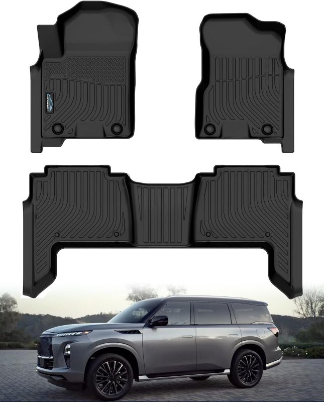 Photo 1 of Custom Fit All-Weather TPE Ruber Floor Mats for Nissan Armada/Infiniti QX80 2019-2024 | Waterproof, Anti-Slip Front & Rear Row Floor Liners Automotive Accessories | 3-Piece Set (Black)