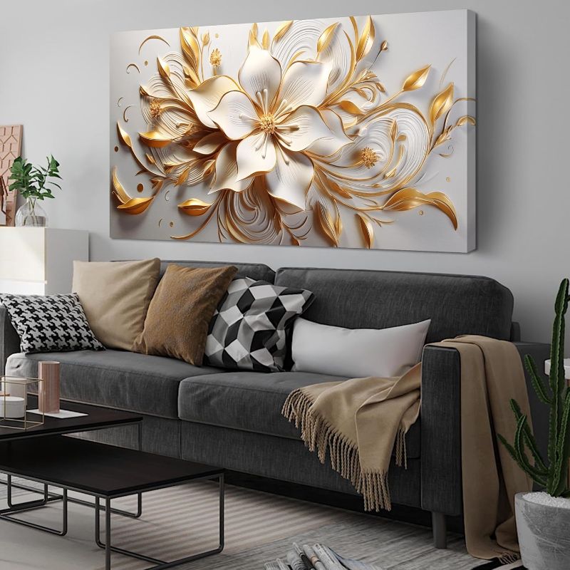 Photo 1 of Flower Canvas Wall Art for Bedroom White and Gold Wall Decor for Living Room Wall Art for Dining Room Large Size 29" x 58"