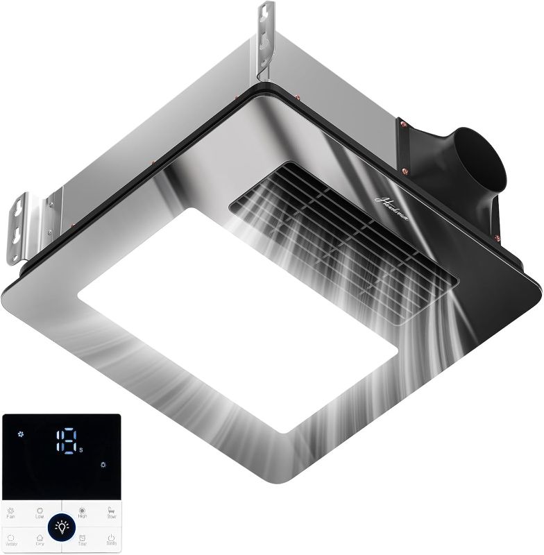 Photo 1 of 4-in-1 Bathroom Exhaust Fan with Light and Heater, Mirror Black Exhaust Fan, 3CCT Lighting, Strong and Weak Heating, Quiet & Powerful for Ventilation, Remote Control