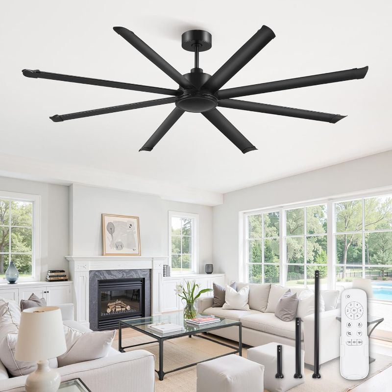 Photo 1 of 64 Inch Large Ceiling Fan No Light, 8 Aluminum Blades, 6-Speed Remote Control, Industrial Ceiling Fan without Light, Quiet DC Motor, Indoor/Outdoor Ceiling Fans for Patio, Garage, Shop, Black
