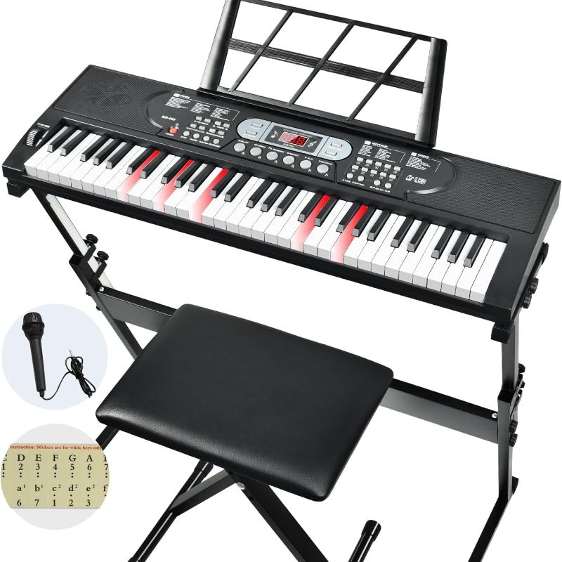 Photo 1 of 61 Key Keyboard Piano, Electric Piano Keyboard with Lighted Keys, Pitch Bend, Built-in Speakers- Includes Piano Stand and Bench, Microphone, Portable Keyboard Piano for Beginners