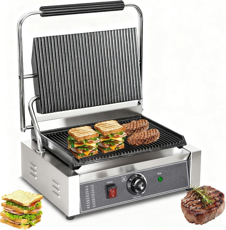 Photo 1 of CTJ Commercial Panini Press Stainless Steel Electric Sandwich Panini Maker 2200W Countertop Panini Grill Press with Grooved Top & Temp Control for Sandwich Hamburger Steak Bacon