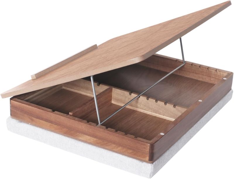 Photo 1 of Easel Lap Desk for Adults, Acacia Wood Lap Desk for Laptop with Storage and Cushion, Height Adjusted Laptop Pad for Writing, Drawing, Laptop Work, and More, Fits up to 17.3 Inch Laptop