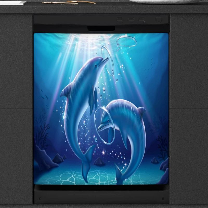 Photo 1 of 2ct. Dolphin in Ocean Dishwasher Magnet Cover for The Front Dishwasher Door Cover Panel Decals Magnetic Refrigerator Cover for Kitchen Farmhouse Home Decor 23 X 26 in
