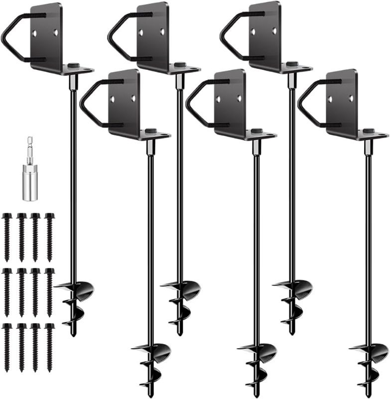 Photo 1 of Ground Anchors Shed Anchors 27" Set of 6 Trampoline Stakes Screw in Heavy Duty Mobile Home - Storage Shed Anchor Kit - Playset Swing Anchors - Stakes for Fence,Carport,Garden (Black, 6 x 27in)