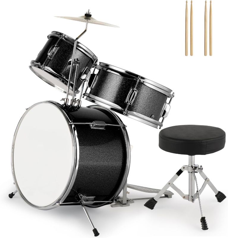 Photo 1 of Kids Drum Set 3-Piece Beginner Drum Set Junior Drum Set,with Throne Stool, Cymbal, Drum Sticks, Bass Drum Pedal,Toms (Black)