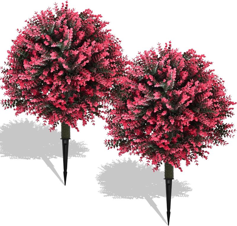 Photo 1 of 28" Set of 2 Artificial Boxwood Topiary Ball Bush for Outdoor with Ground Spike, UV Resistant Faux Greenery Shrubs, Fake Rose&Green Boxwood Plants for Garden, Yard, Porch, Patio Decor