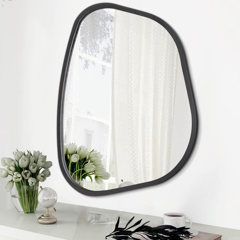 Photo 1 of Black Asymmetrical Wall Mirror Large 20"x16" Irregular Oval Mirror Modern Wood Frame Unique Shape Wall Mounted Vanity Artistic Mirrors Decorative for Living Room Bedroom Bathroom Hallway