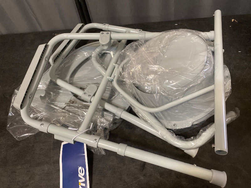 Photo 1 of Drive Medical 11148-1 Folding Steel Bedside Commode Chair, Portable Toilet, Supports Individuals Weighing Up To 350 Lbs, with 7.5 Qt. Bucket and 13.5 Inch Seat, Grey